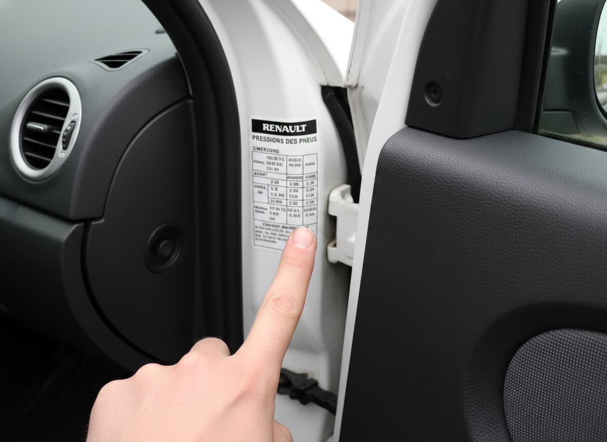 Porte conducteur ouverte d’une Renault Clio 3 montrant l’étiquette blanche sur le montant B, avec un doigt pointant le tableau des pressions de pneus en français.