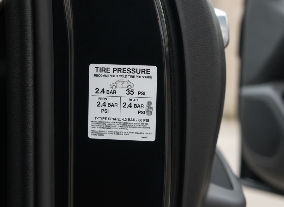 Étiquette blanche du fabricant indiquant les pressions recommandées des pneus en bar et psi, avec texte noir et schémas simples, située sur le montant de la portière conducteur d