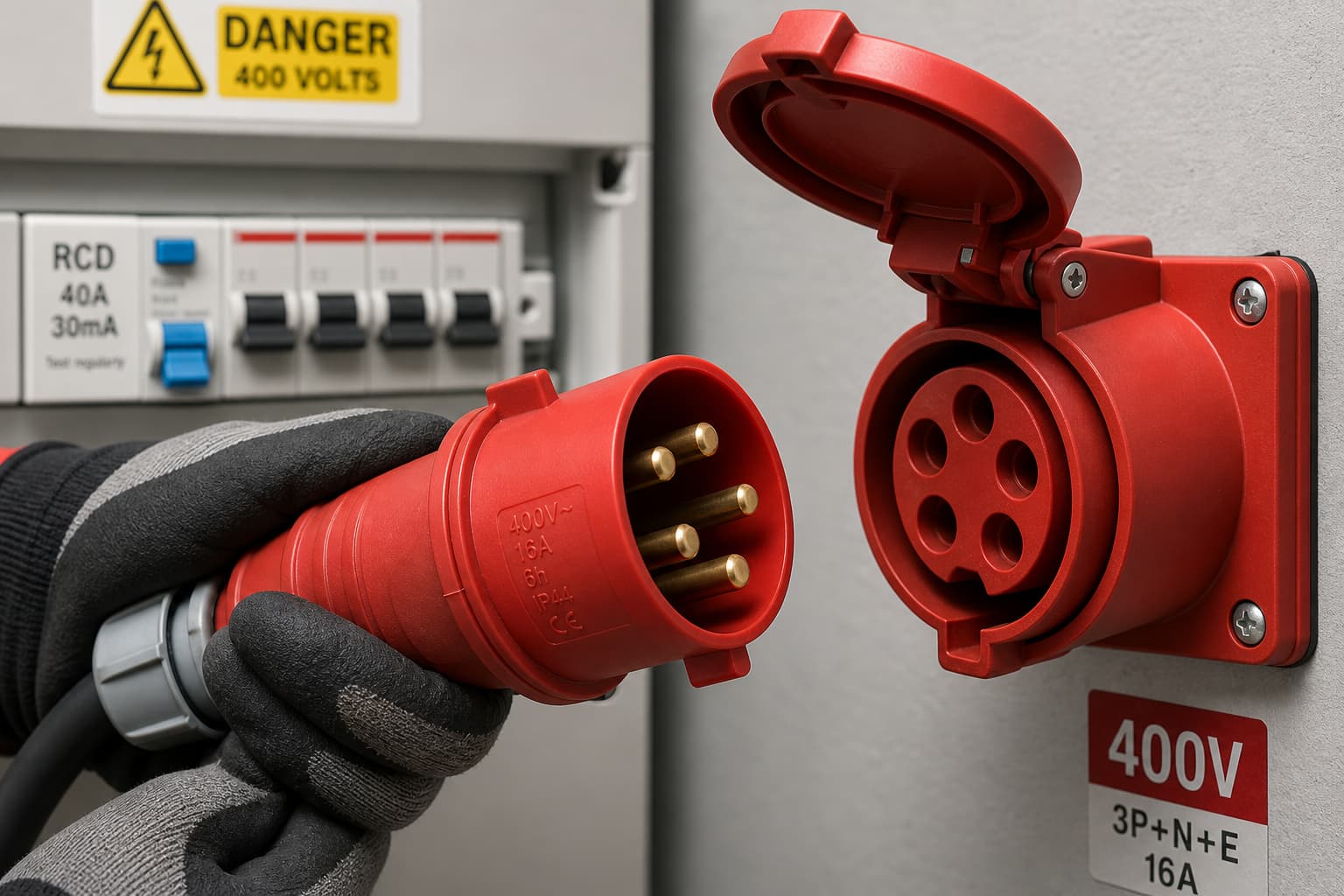Plan rapproché d'une fiche industrielle triphasée rouge tenue près d'une prise murale, avec des mains portant des gants de sécurité et un tableau électrique en arrière-plan.