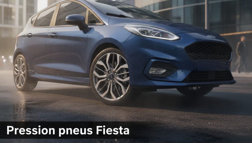 Gros plan sur une roue alliage d'une Ford Fiesta moderne, avec texte superposé 'Pression pneus Fiesta', éclairage doré en ville.