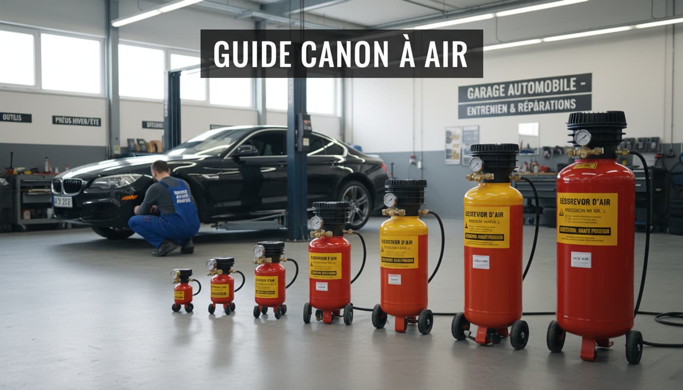 Garage automobile avec plusieurs réservoirs de canon à air disposés en rangée, un mécanicien en arrière-plan prépare un véhicule.