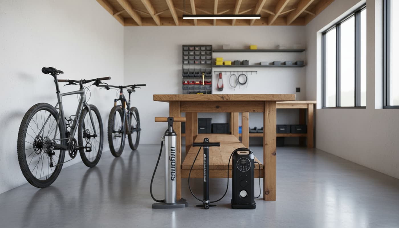 Un garage moderne et lumineux avec un vélo de route et un vélo de montagne appuyés contre un mur blanc, et une variété de gonfleurs disposés sur un établi en bois.