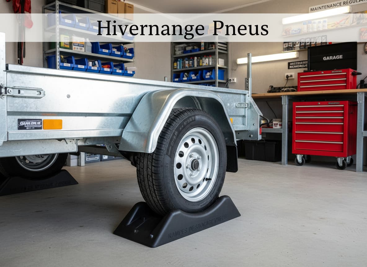 Une remorque stationnée dans un garage, son pneu reposant sur des rampes en plastique pour éviter les méplats pendant le stockage.