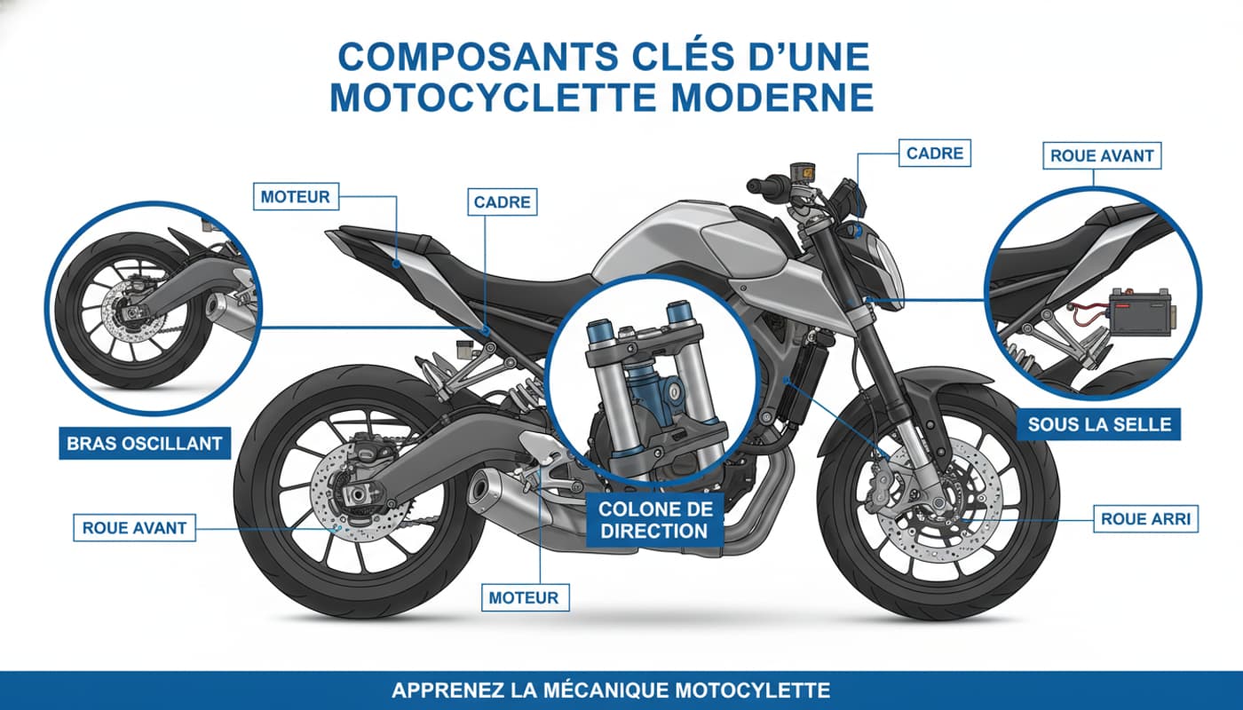 Infographie d'une moto avec trois loupes pointant vers le bras oscillant, la colonne de direction et la zone sous la selle, avec des étiquettes en français.