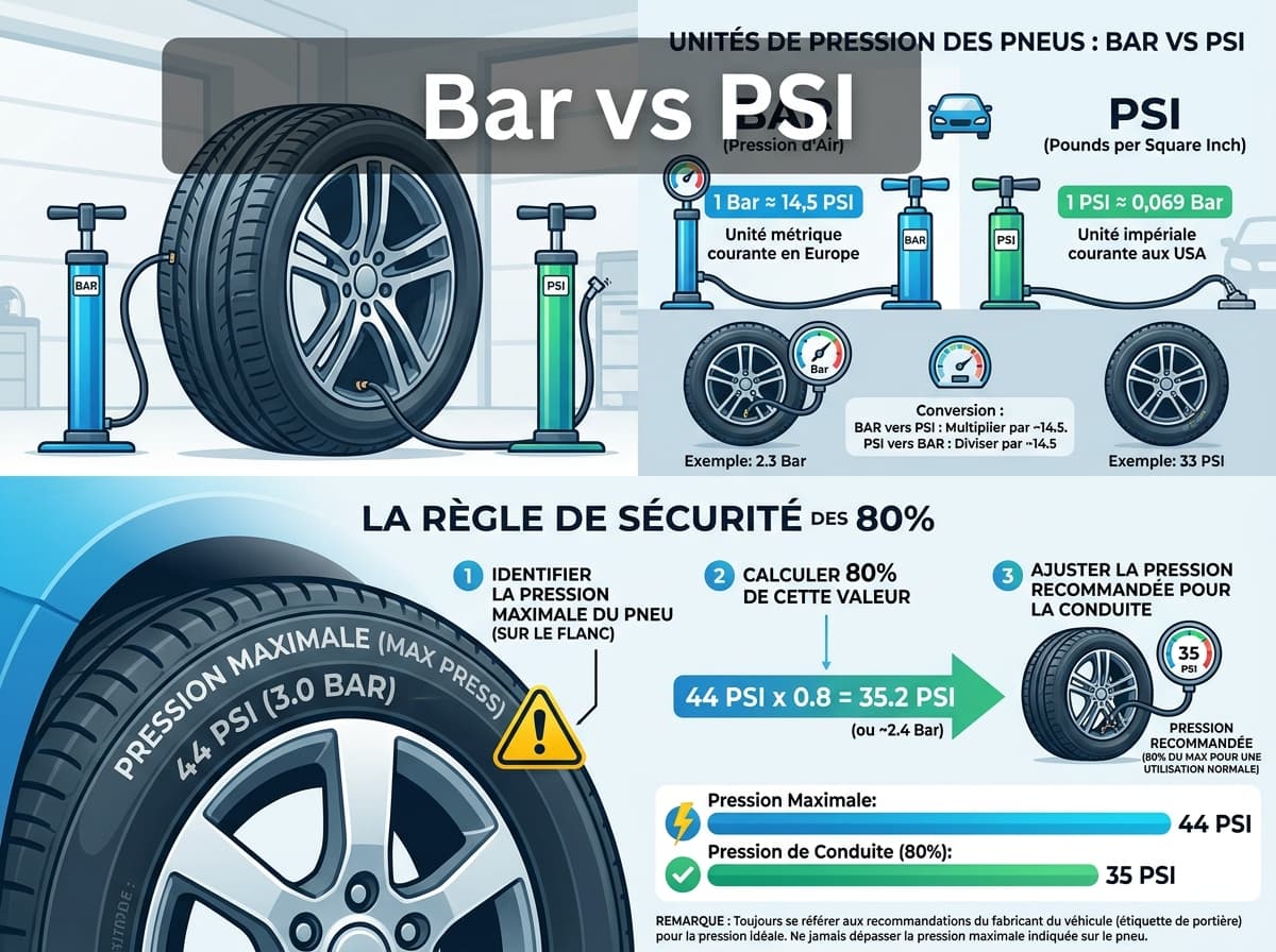 Une infographie explicative en français comparant les unités de pression Bar et PSI pour les pneus de voiture et détaillant la règle de sécurité des 80 % avec l'inscription 'Bar vs PSI' superposée.
