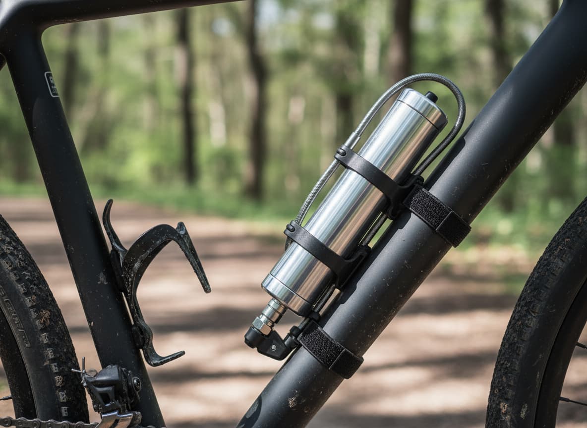 Mini pompe Lezyne Micro Floor Drive argentée attachée au cadre mat d'un vélo gravel en extérieur.