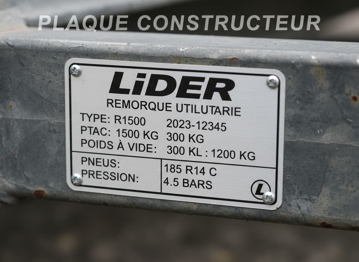 Macro photographie d'une plaque métallique d'identification sur le timon d'une remorque Lider, affichant des spécifications techniques comme le poids et la pression des pneus en français, avec le texte superposé 'Plaque Constructeur'.
