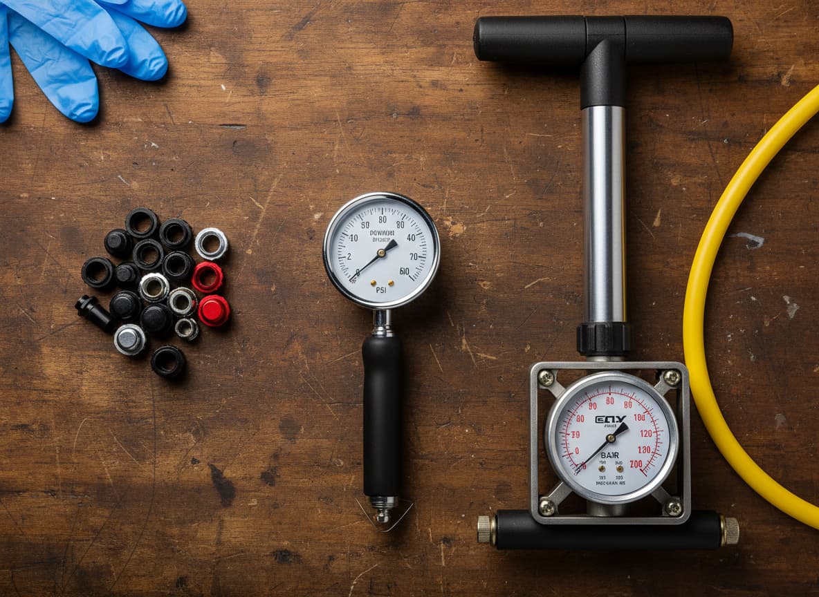 Sur un établi de garage, un manomètre analogique précis, une pompe à pied professionnelle avec manomètre et un petit tas de capuchons de valve sont disposés en vue à plat.