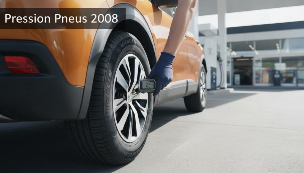 Gros plan sur la roue avant d'une Peugeot 2008 à une station-service, un conducteur fixant un manomètre numérique à la valve, avec le texte 'Pression Pneus 2008' superposé en ombre sur un bandeau sombre semi-transparent.
