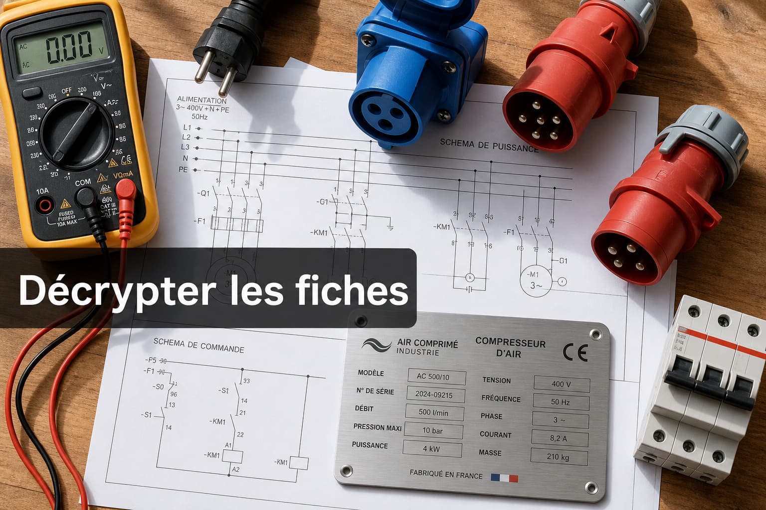 Un multimètre numérique, des prises électriques monophasées et triphasées ainsi qu