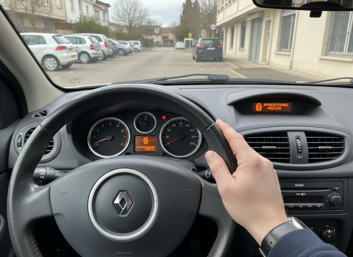 Main pressant le bouton au bout du commodo d’essuie-glace sur le tableau de bord d’une Renault Clio 3, l’écran numérique affiche le message 'Pression pneus' en français.