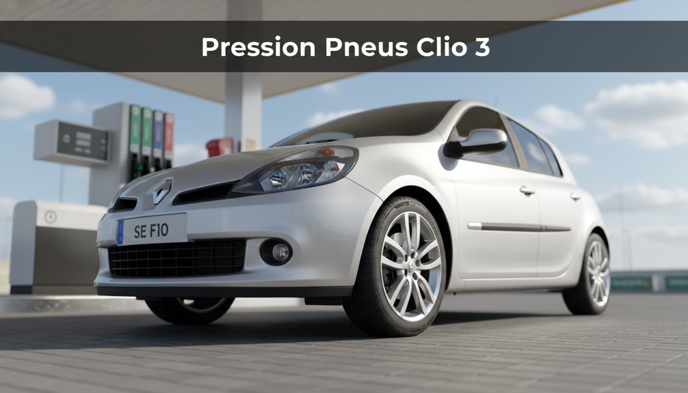 Une Renault Clio 3 argentée garée dans une station-service ensoleillée, vue en contre-plongée mettant en valeur la roue avant, avec un texte superposé 'Pression Pneus Clio 3' sur fond sombre semi-transparent.