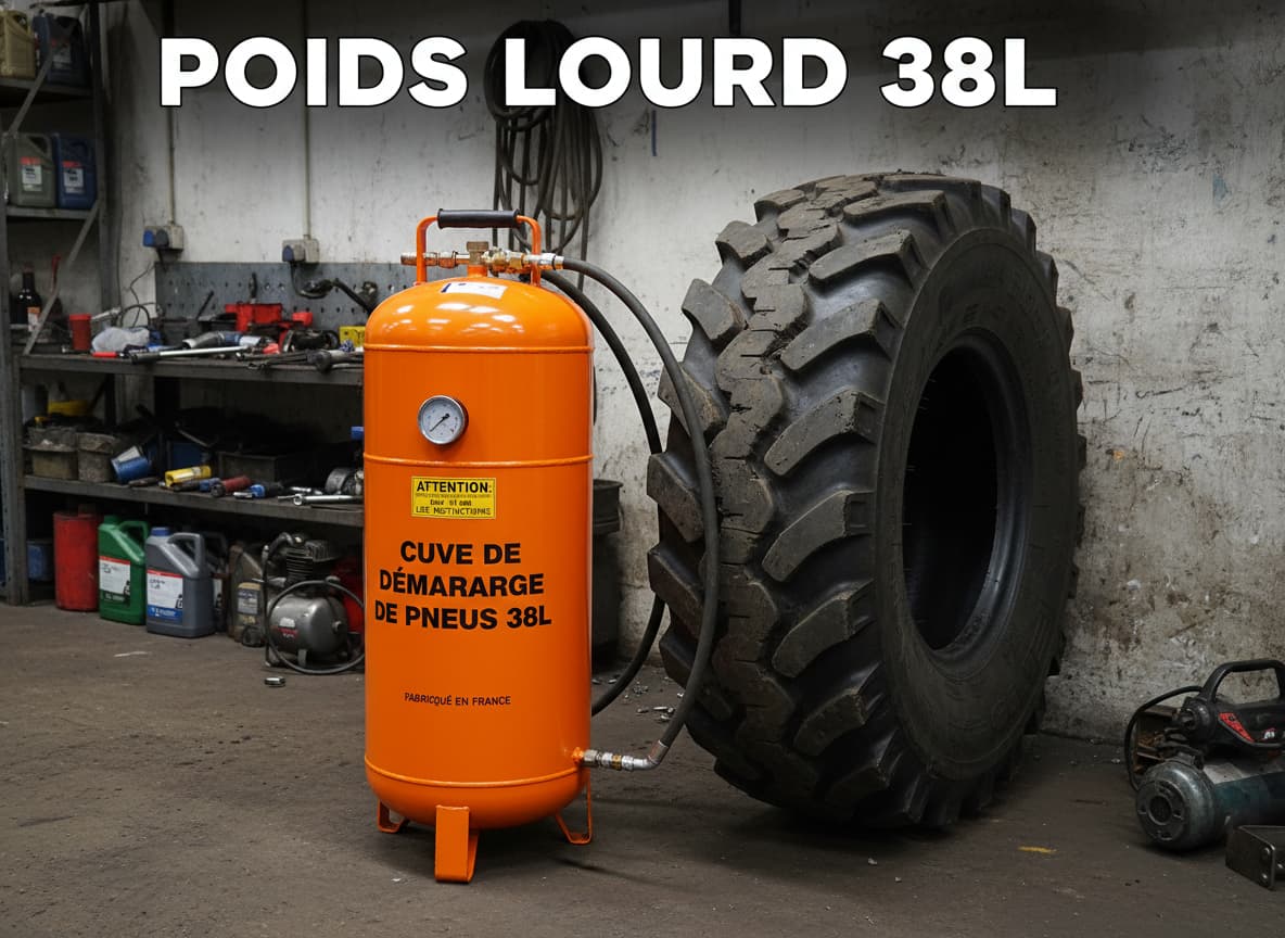 Grand réservoir industriel de 38 litres coloré à côté d'un pneu camion massif, avec texte 'POIDS LOURD 38L' superposé.