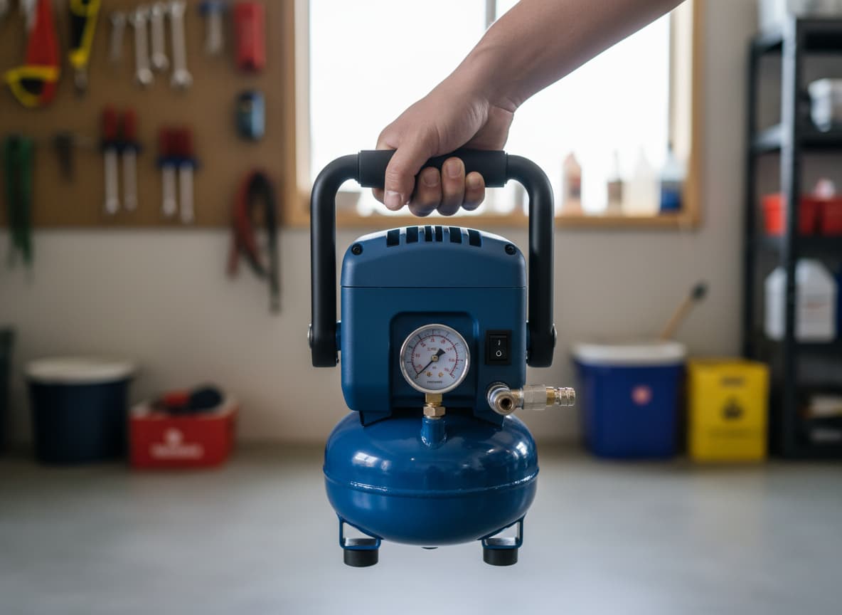 Compresseur d'air portable bleu Scheppach Aircase 6 de 6 litres tenu par sa poignée dans un garage.