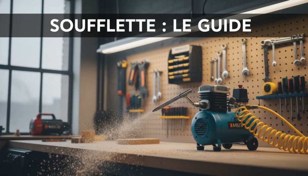 Buse de souffleur professionnelle montée sur un compresseur d'air portable dans un atelier, soufflant la poussière d'un établi en bois.