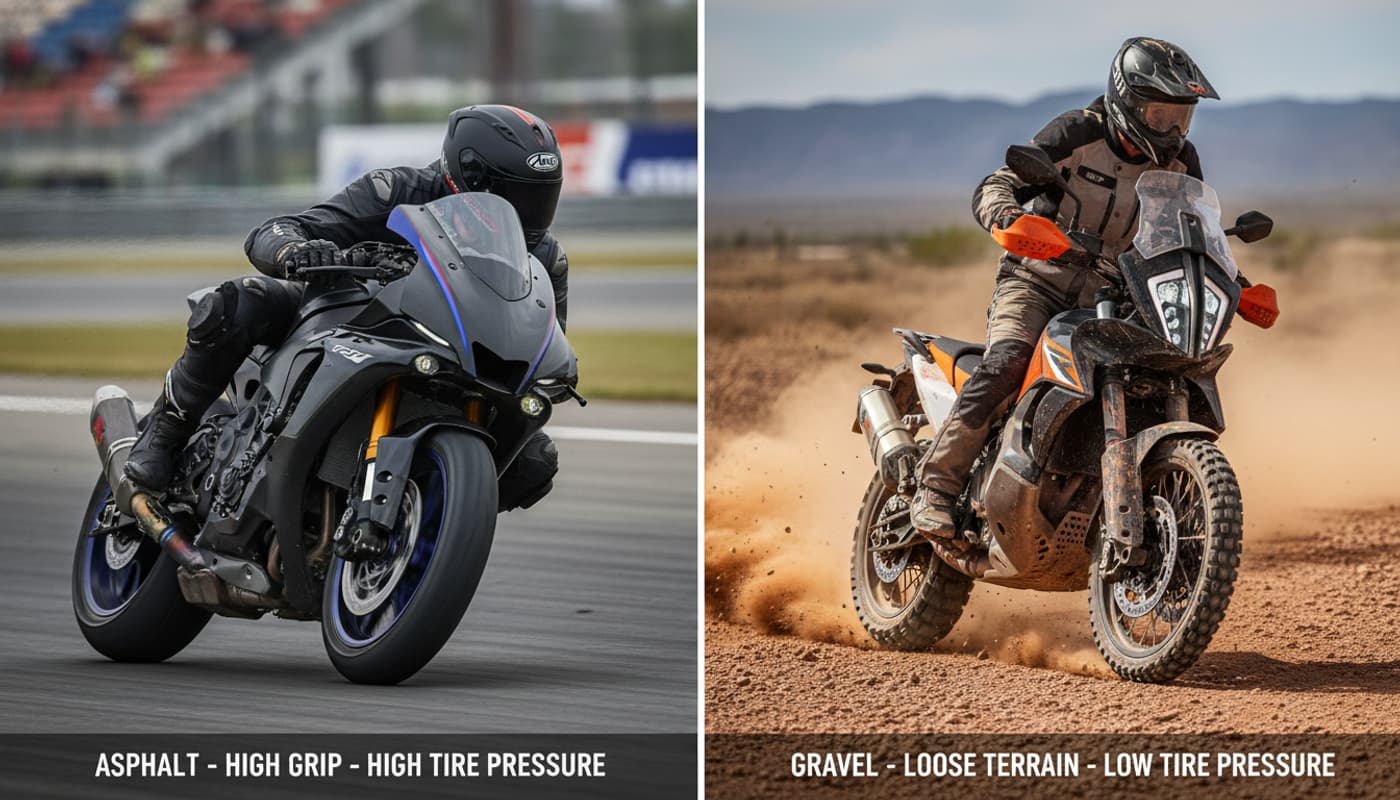 Un écran partagé montrant à gauche une moto sportive penchée dans un virage sur un circuit, et à droite une moto d'aventure roulant sur un chemin de gravier poussiéreux.
