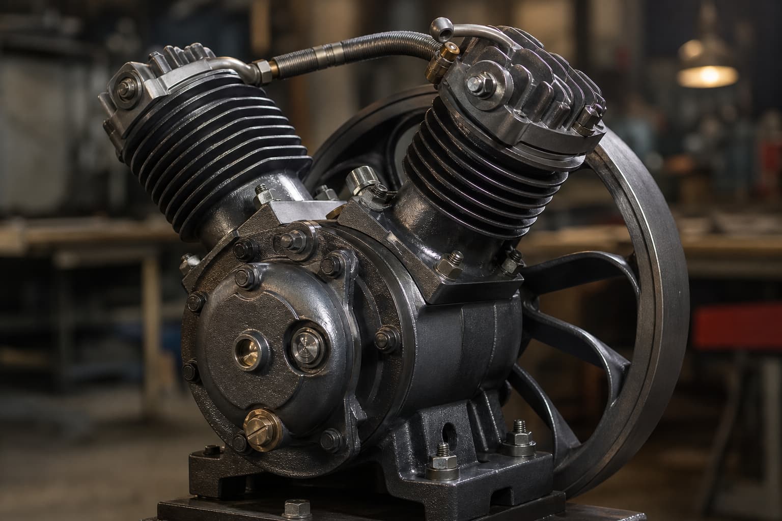 Gros plan technique d'une tête de compresseur d'air bi-étagé avec deux cylindres, ailettes de refroidissement, volant moteur, textures métalliques nettes et arrière-plan d'atelier flou.