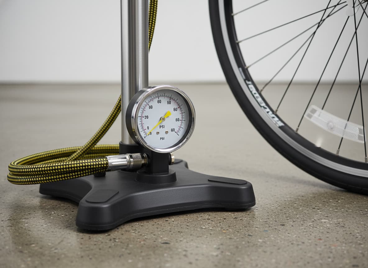 Pompe à pied Topeak JoeBlow Sport III posée sur un sol en béton à côté d'une roue de vélo, montrant le manomètre analogique et la base robuste.