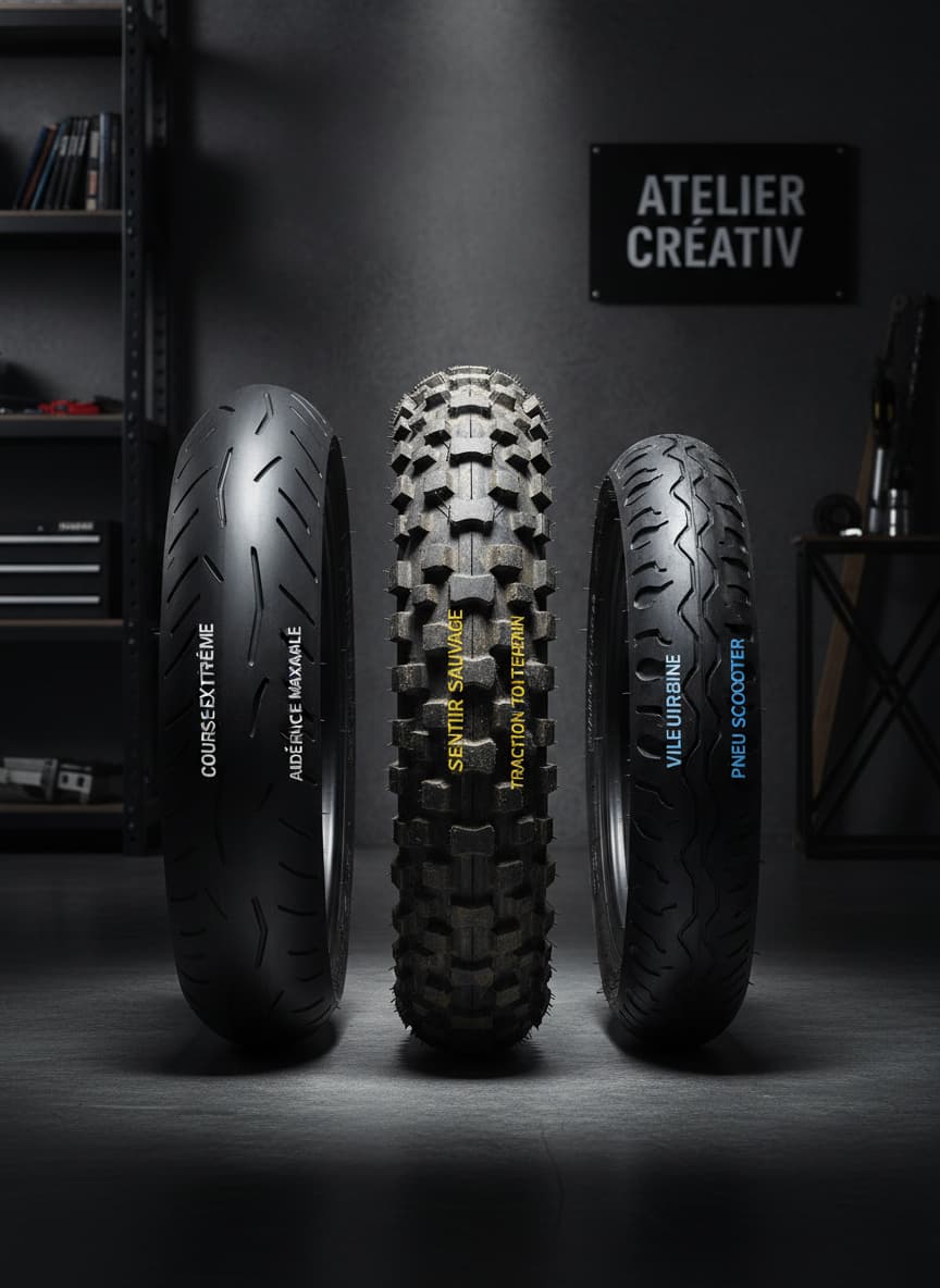 Trois pneus de moto de types différents sont alignés côte à côte : un pneu sport lisse, un pneu tout-terrain à crampons et un pneu de scooter urbain, sous un éclairage dramatique qui met en valeur les sculptures et les textures du caoutchouc.