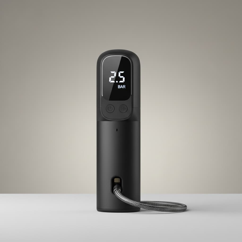 Pompe à air portable Xiaomi 1S debout sur fond gris, écran allumé affichant 2,5 BAR.