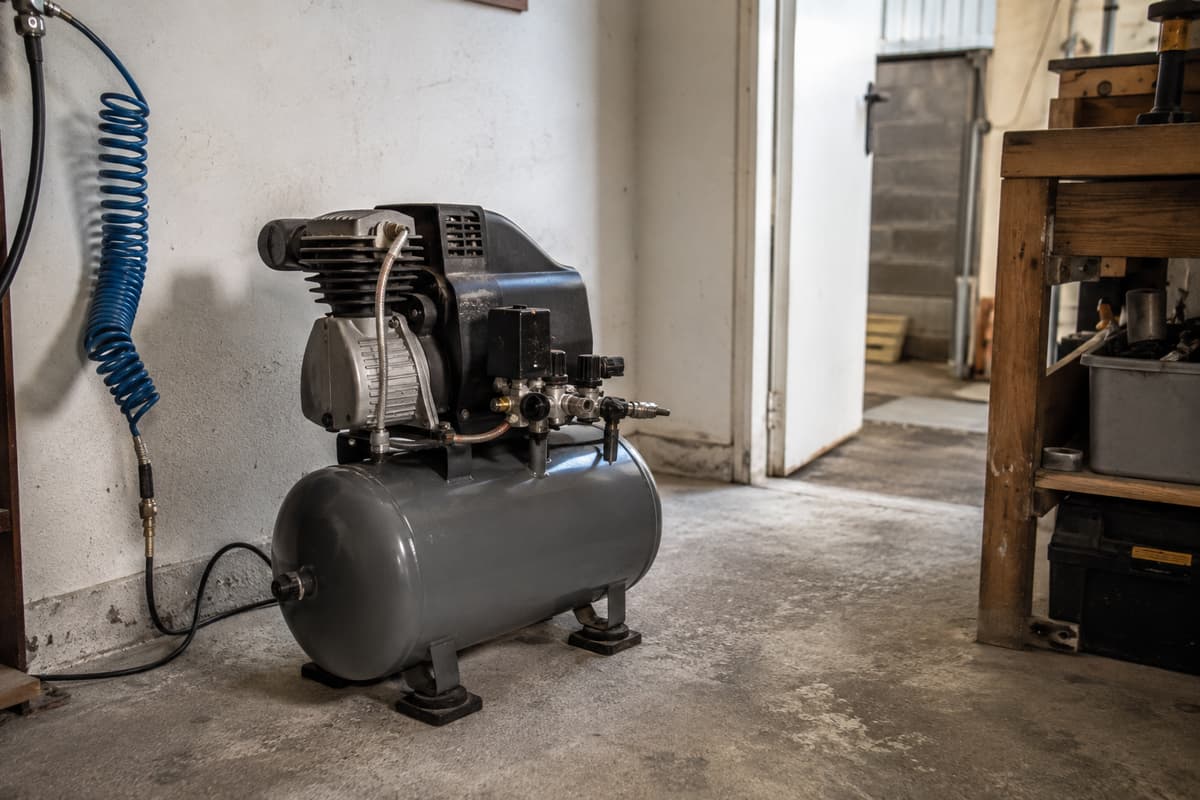 Compresseur d’atelier posé sur des patins antivibratoires dans un petit local aux murs proches et à la porte entrouverte.