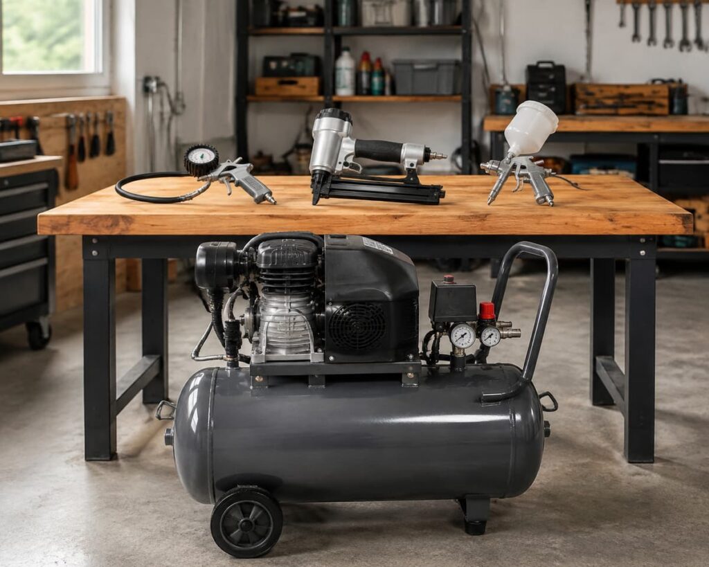 Compresseur d’air à cuve de 50 litres posé sur un sol en béton dans un atelier, entouré d’un pistolet de gonflage, d’un cloueur pneumatique et d’un pistolet à peinture posés sur un établi en bois.