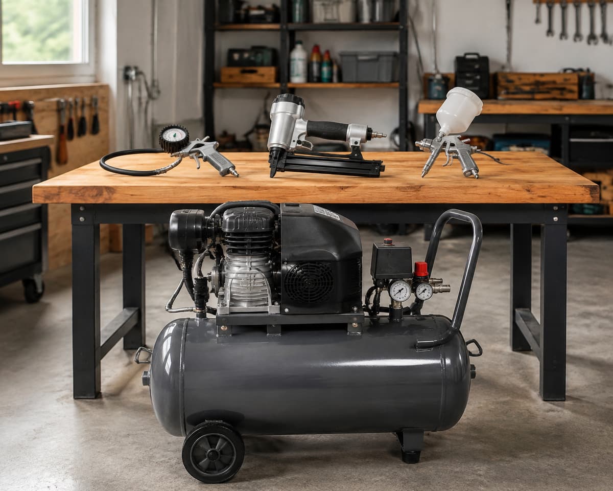 Compresseur d’air à cuve de 50 litres posé sur un sol en béton dans un atelier, entouré d’un pistolet de gonflage, d’un cloueur pneumatique et d’un pistolet à peinture posés sur un établi en bois.