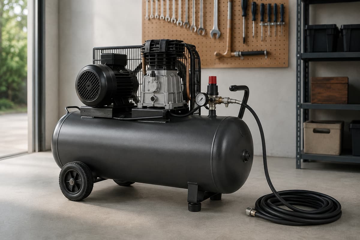 Compresseur d'atelier sur cuve horizontale de 100 litres posé dans un petit atelier organisé, avec un tuyau pneumatique à proximité et des outils rangés en arrière-plan.