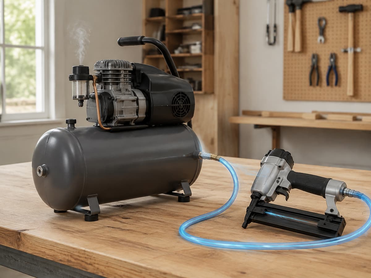 Compresseur avec cuve relié par un flexible pneumatique à un cloueur, avec un flux d’air bleu discret allant de la cuve vers l’outil.