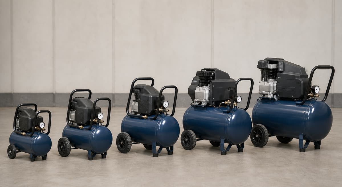 Plusieurs compresseurs d’air à cuve cylindrique sur roues, alignés dans un atelier propre, avec poignées de transport et manomètres génériques.