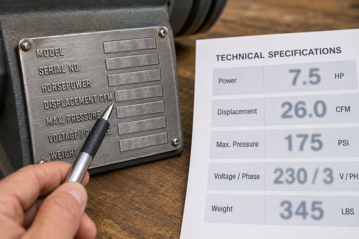Gros plan d'une plaque signalétique métallique et d'une fiche technique imprimée posées côte à côte, avec des valeurs numériques partiellement floues suggérant puissance et débit.