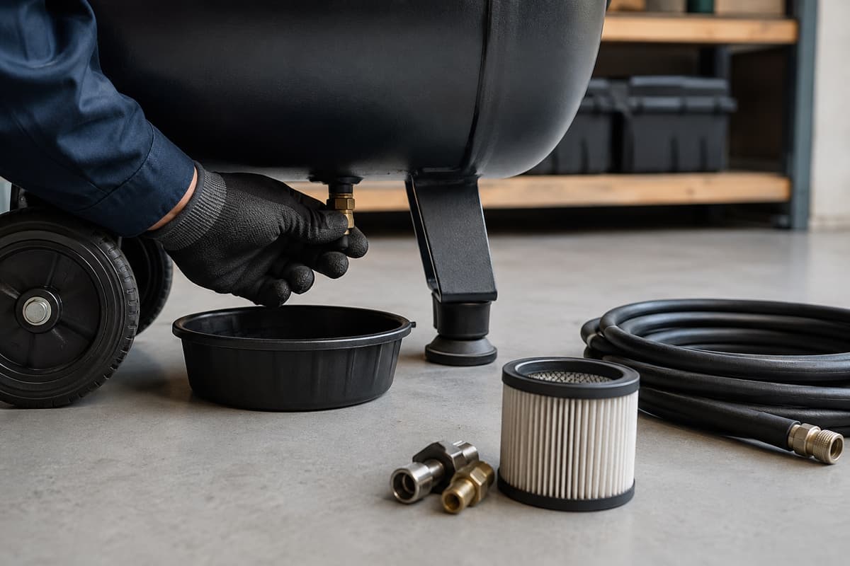 Main gantée ouvrant une purge sous la cuve d’un compresseur hors tension dans un atelier, avec un récipient de récupération et des accessoires d’entretien à proximité.